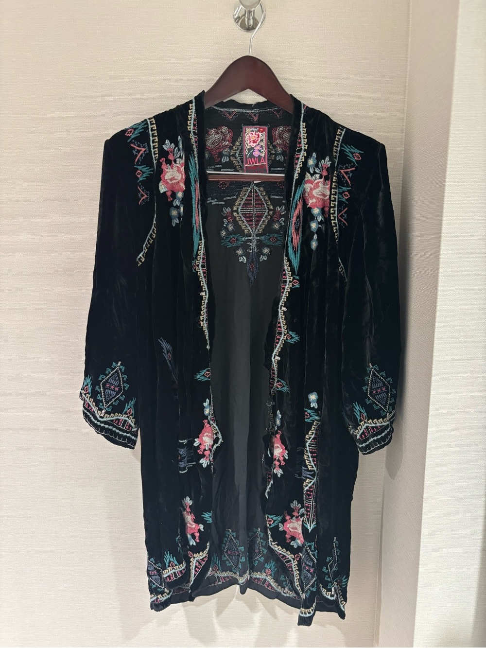 Johnny Was New Black Velvet Embroidered Floral Topper with Pink & Teal Accents